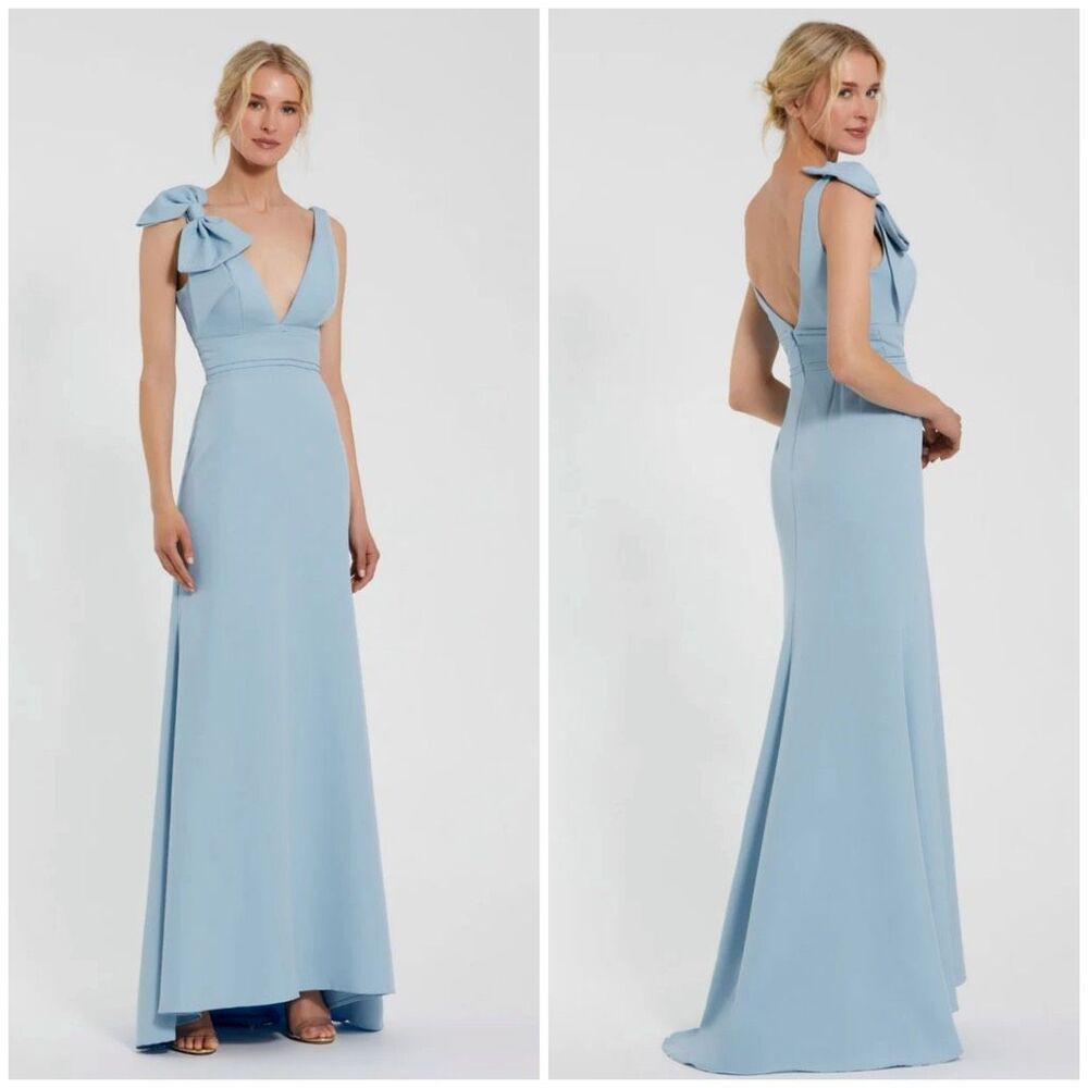 Mac Duggal Blue Sleeveless V Neck Bow Detail Mermaid Gown Size 2 - Picture 3 of 10